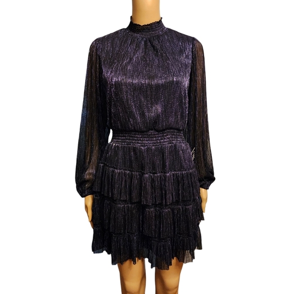 Express Dark Royal Metallic Blue Ruffle Smock Waist Party Dress Size S NWT - Picture 1 of 14